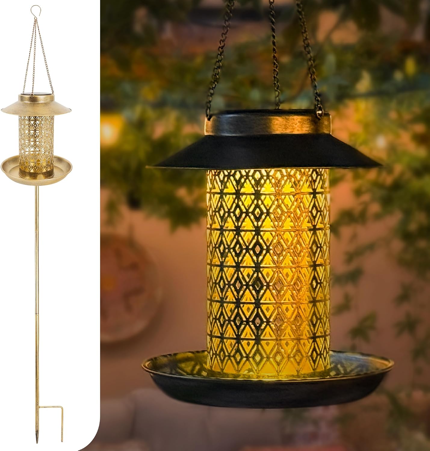 Gadgy Comedero para pájaros lámpara Solar para Exterior – Lámpara Solar para jardín y casa de pájaros – Comedero Solar Dorado – Comedero para pájaros – Decoración de jardín Resistente a la Intemperie