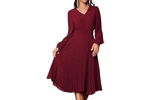 GRACE KARIN Women Elegant Pleated Chiffon Dress Long Sleeve V-Neck A-Line Cocktail Party Dress
