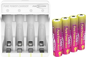 ANSMANN Pure Power litiumladdare med 4 uppladdningsbara AAA-batterier med hög kapacitet och laddningsmodul, erbjuder lång bat