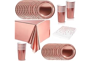 COSORO 65Pcs Metallic Foil Rose Gold Party Tableware Set,Plastic Rose Gold Table Cloths Party,Disposable Paper Plates,Napkins and Cups Dinnerware Set for Girls Women Birthday,Baby Shower Parties Supplies