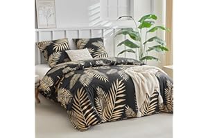 ‎LEKESKY Lekesky Bettwäsche 200x200, 3teilig Bettwäsche Set 200 x 200 cm, Schwarzer Bettbezug mit Goldenem Tropical Palmenblatt-Muster, Mikrofaser mit Reißverschluss, 2 Kissenbezüge 80x80 cm