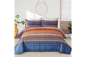 WONGS BEDDING Bohemian Bedspread King Size, 3 Pcs Boho Striped Quilted Bedspread, Soft Comforter Microfiber Coverlet Bedding Sets with Pollowcases (240x260cm, Orange, Blue)