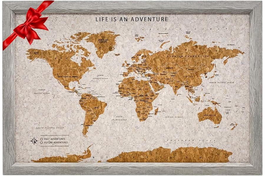 Splosh Framed Travel Map - Grey Small Wooden Pin Board with 100 Pins. Travel Map Cork Board. Wooden World Map, Corkboard Map Travel Gift. Mark your fast & future adventures!
