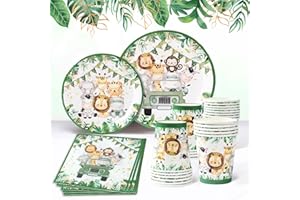 FRIGG Safari Piatti e Bicchieri per Feste di Compleanno,Animali Della Giungla Stoviglie per Feste di Compleanno,Piatti e Bicchieri Carta per Feste,Tovaglioli di Carta,per Primo Compleanno Bimbo, Baby Shower