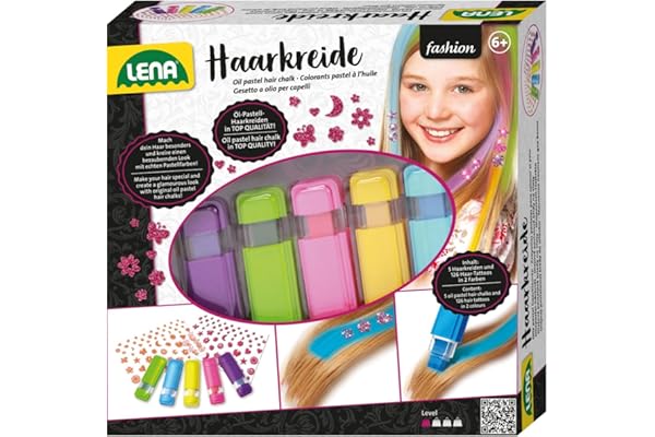 LENA 42536 – Fashion Cheveux Craie Set de 5 Couleurs et 126 Tatouages – Cheveux Violet/Vert/Rose/Jaune/Bleu