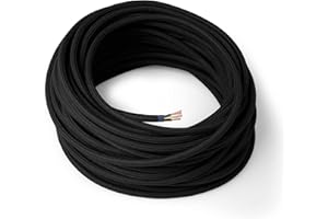 Amarcords - Cavo elettrico tessile colore NERO tondo cotone 20 metri con messa a terra 3x075mm - Filo rivestito in tessuto colorato vintage per lampade lampadari applique e abat jour.