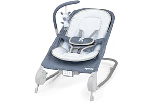 Ingenuity Happy Belly Rock-to-Bounce-sits, musik, vibrationer, avtagbar leksaksstång, mjuk leksak sengångare, för 0–6 månader, blå – Chambray