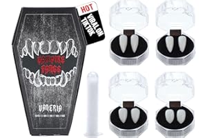 ‎VANERIA VANERIA 4 Paar Vampirzähne, 4 Größe Reißzähne für Cosplay Halloween mit Tube solide Klebstoff, Vampir Sarg Geschenk Box Design, Fake Reißzähne Vegan/Grausamkeit frei