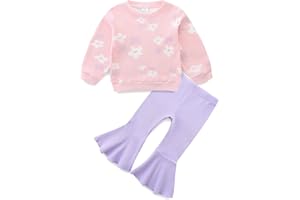 KIDDLETOWN Baby Girl Outfits Clothes Set, Toddler Long Sleeve Cotton Shirt + Flare Pants, Kids Girl Clothing Set Ruffle Print Tops Leggings Trousers Pants 2Pcs Outfits 6-12 Months, 1-5 Years Old
