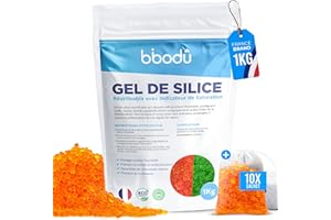 BIBODU Gel de Silice Orange 1KG + 10 Sachets | Silica Gel Réutilisable avec Indicateur de Saturation | Parfait pour Armoires, Tiroirs et Appareils Électroniques