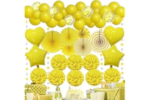 RECOSIS Premium Gelb Partydeko - Papier Fächer, Pompons, Luftballon für Frauen, Hochzeit, Geburtstag, Happy Birthday Dekoration, Babydusche, Mädchen