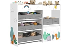 HOCSOK Organizer do przechowywania zabawek dla dzieci, z 10 pojemnikami z włókniny, duży regał na książki, do przedszkola, pokoju zabaw, biały