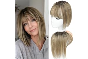 SIVOTATO Human Hair Toppers for Women with Fringe 10 Inch Real HairPieces-360°3D Bangs for Thinning Hair Topper Swiss Base Medium Brown Mix Blonde with Dark Brown Root（4T427）