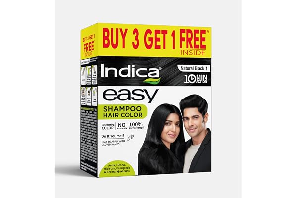 Indica 10-Minute Hair Color Shampoo Free Ammonia-Free with 5 Herbal Extracts Long-Lasting Natural Black Easy DIY Pack (12.5g+12.5ml) with Gloves