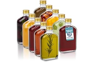 HEFTMAN Flask Small Glass Bottles - 10 Pack 100ml Glass Bottles with Lids, Empty, Airtight, Reusable 100ml Bottle - Perfect for Gin, Wine, Vinegar, Homemade Beverages, Sauces, Décor