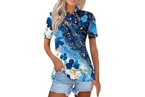 DIYIOUZHOU 2025 Trendy Polo Shirts for Women UK Casual Golf Button Short Sleeve Floral Print Lapel Top Cozy Lady Golf Tops