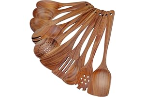 comfoyar Teak Utensili da Cucina Set, 10 Pezzi Cucchiai di Legno per Cucinare Set con Spatola e Ladle, Resistente al Calore Mestoli in Legno per Pan Antiaderente