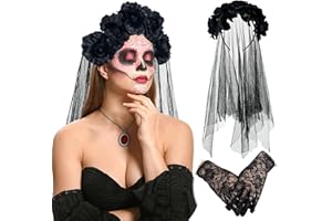 ACTOYS Cerchietto Halloween dia de los Muertos, Velo di Halloween, Velo da Sposa Nero, Giorno dei Morti Cerchietto a Fiori, Velo Sposa Gotico, Accessori per Costume di Halloween Carnevale, Mascherata
