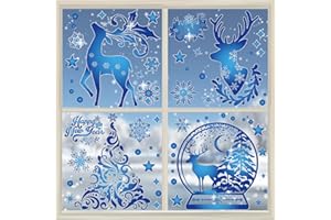 HAUTSTORE 4 Fogli Grande Vetrofanie Natalizie per Finestre Con Argento Lucido, 30X45cm Addobbi Natalizi per Vetrofania, Adesivi Natalizi Per Finestre Riutilizzabili, Adesivi Vetro Natale per La Casa (Blu)