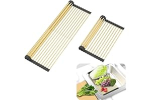 ARAINY Grand égouttoir extensible,enroulable résistant à la chaleur pour éviers en acier inoxydable,pliable au-dessus de l'évier, égouttoir à vaisselle antidérapant en silicone doré,18 tubes,33 x54cm