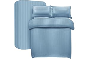 My home store Set copripiumino per letto matrimoniale, 4 pezzi, copripiumino a righe satinate, in morbida microfibra spazzolata, con lenzuolo con angoli profondi 30 cm e 2 federe (azzurro)