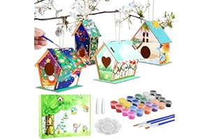 PAMIYO 4 Pack DIY Bird House Kit, Wood Birdhouse Making Kit for Children, Build and Paint Your Own Colorful Birdhouse Arts Crafts for Outdoor Hanging, Christmas Birthday Gift for Kid