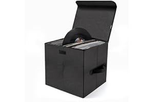 UENTIP Vinyl Record Storage Box for 12inch LPs,Holds up to 80 Albums,Collapsible Storage Crate with Lid&Handles for Valuable Album Collection (black, 13inch)