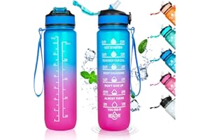 Gofady Water Bottle with Time Marker and Straw, 1L Sports Water Bottles, BPA Free,Leak Proof, Tritan Plastic, Motivational Large Drinking Bottle for Gym Outdoor Running Cycling Hiking (Blue Purple)