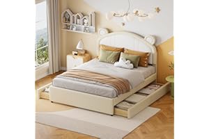 LATICO Kinderbett Polsterbett Doppelbett 140x200, Bett mit Stauraum 4 Schubladen, Kopfteil mit Ohren, Stauraumbett Bettgestell mit Lattenrost, Kinderbett Jugendbett, Ohne Matratze, Kunstleder Beige