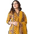 Arayna Women's Pure Cotton Block Printed Ethnic Wear Kurta Set with Palazzo Pants & Dupatta