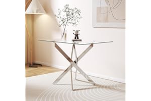 ‎GOLDFAN GOLDFAN Glas Esstisch Küchentisch Glastisch Silberne Metalltischbeine Moderner Stil Quadratischen Tisch für Büro Küche 110cm