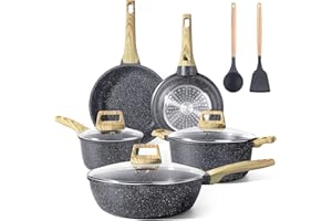 GiPP Lot de 10 casseroles et poêles à induction, en granit avec revêtement anti-adhésif, poêles de 20/24/28 cm, casseroles de 16/24 cm, spatule et cuillère, pour tous types de cuisinières, gris foncé