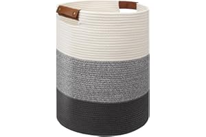 Goodheim Wäschekorb Geflochten Faltbarer Wäschekorb mit Henkel, Aufbewahrungskorb für Wäsche, Spielzeug, Korb aus Baumwolle, Wäschesammler für Wohnzimmer, Kinderzimmer Grauverlauf mit Leder Griff