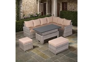 Club Rattan Ashley Range High Back RHF GardenCorner Sofa Set with Rising Table in Beige Grey Rattan