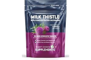 RIGHT CHOICE SUPPLEMENTS Milk Thistle Tablets - High Strength 4000mg (per Serving - 2 Tablets) Supplement, 90 Tablets - 80% Silymarin - Liver & Gallbladder Support - Not Capsules or Tincture - Vegan - UK Made