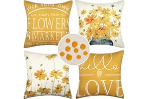 HANRUNSI Outdoor Kissenbezug Wasserdicht Kissen Wasserfest Dekorative Kissenbezüge Bienengelbe Blumen und Vase Sofakissen Zierkissen Dekokissen für Garten Sofa Couch Wohnzimmer 4er Set Kissenbezüge 40x40 Gelb