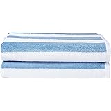 Amazon Basics - Telo mare, motivo a righe, stile cabina da spiaggia, Celeste, Confezione da 2, 100% cotone, 152 L x 76 W cm