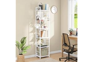 DWVO Book Shelf 6 Tiers, Tall Bookcase with Steel Frame Industrial Bookshelf with 4 Hooks Floorstanding Shelving Unit Narrow Display Rack Storage Organizer for Living Room Bedroom, White