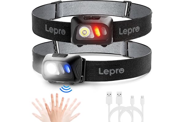 Lepro Lampe Frontale LED Rechargeable Puissante, Torches Frontales LED 1500lux avec Capteur de Mouvement, 5 Modes d'Eclairage et Etanche pour Course, Peche, Bricolage - 2pcs