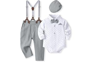 Volunboy Bebé Niño Caballero Conjunto, Cuadros Camisa con Pajarita + Tirantes Pantalones 4 Piezas Traje Ropa