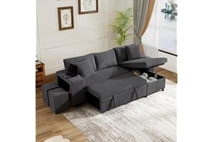 Wyibwy Divano pieghevole a 3 posti con funzione letto e porta USB e Type-C,divano angolare a L con ripiani laterali et 2 Poggiapiedi,divano trasformabile con vano contenitore,Velluto a coste,Grigio