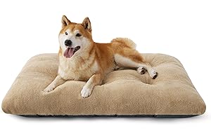 Bedsure Cama para Jaula de Perro Lavable Grande - Colchón Calmante para Perros con Base Antideslizante, Cojín Almohada Cálido para Mascotas Grandes, Camello, 89x58x8cm