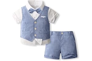 Volunboy Completo Elegante Bambino Camicie + Papillon + Gilet + Pantaloncini, Estivi Cerimonia Nozze Abbigliamento 4 Pezzi