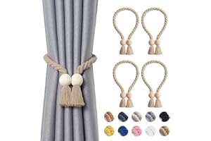 Pretty Jolly Ball magnetische Vorhang-Raffhalter aus Holz, Boho-Dekoration, Raffhalter, natürliche Baumwolle, handgewebt, für Fenstervorhänge für Zuhause und Büro, Dunkelbeige, 4 Stück