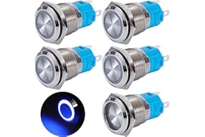 QIMEI-SHOP Druckschalter Wasserdicht 16mm Taster LED Schalter 12-24 V 3A Verriegelung Druckknopfschalter Messing 5 Pin mit Blau Ring LED-Licht für Auto KFZ Boot Motorrad 5 Stück