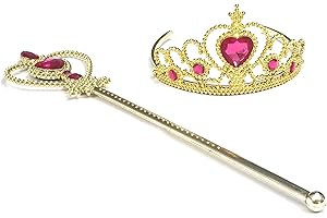 Kuzhi Princess Queen Crown Tiara and Wand Set - Silver Heart Jewel (Gold + Rose)