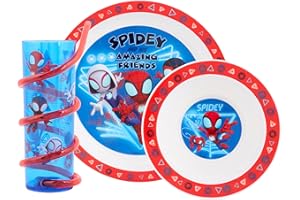 Marvel Spidey and Friends Glow 3pc Tableware Set – Includes Plate, Bowl, and Twisty Straw Tumbler Featuring Spidey, Trace-E, Ghost, and Miles Morales 48 Months UP, Blue & Red