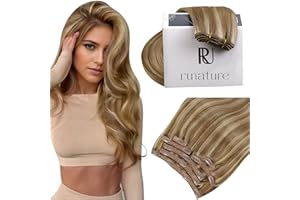 ‎RUNATURE RUNATURE Echthaar Extensions Clip Braun Hervorheben Blond 55cm 7Pcs Lang Clip in Extensions Echthaar Dunkelblond Mit Goldblond Haarverlängerung Echthaar Clip 120g #10P16