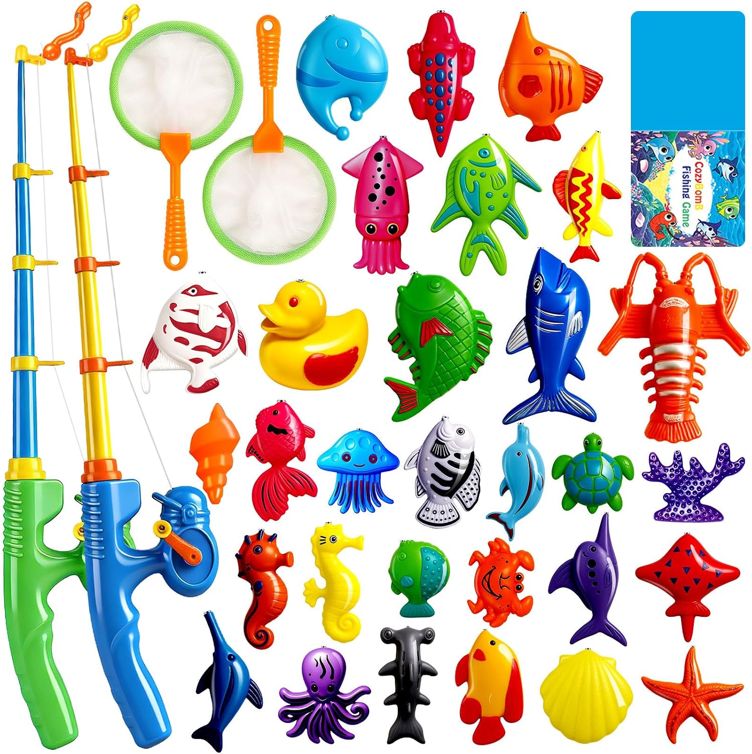 CozyBomB Magnetic Fishing Toys Game Set for Kids for Bath Time Pool Party with Pole Rod Net, Plastic Floating Fish - Toddler Education Teaching Christmas Birthday Gifts