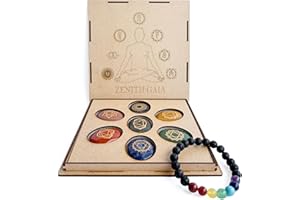 Zenith Gaia Premium Chakra Steine Set mit Armband – Handgefertigte 7 Edelsteine – Natursteine in edler Holzbox – Chakra Heilsteine Set für spirituelles Gleichgewicht und Energiearbeit - Worry Stones
